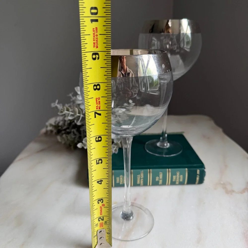 Vintage‎ Silver Rim Balloon Wine Glasses Set of 2 Large Clear Glass Goblets 9in